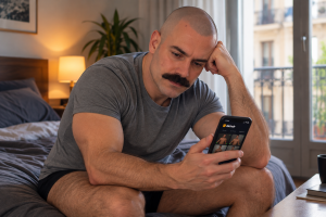 Hombre gay sentado en la cama, mirando Grindr, en una escena de soledad no deseada.